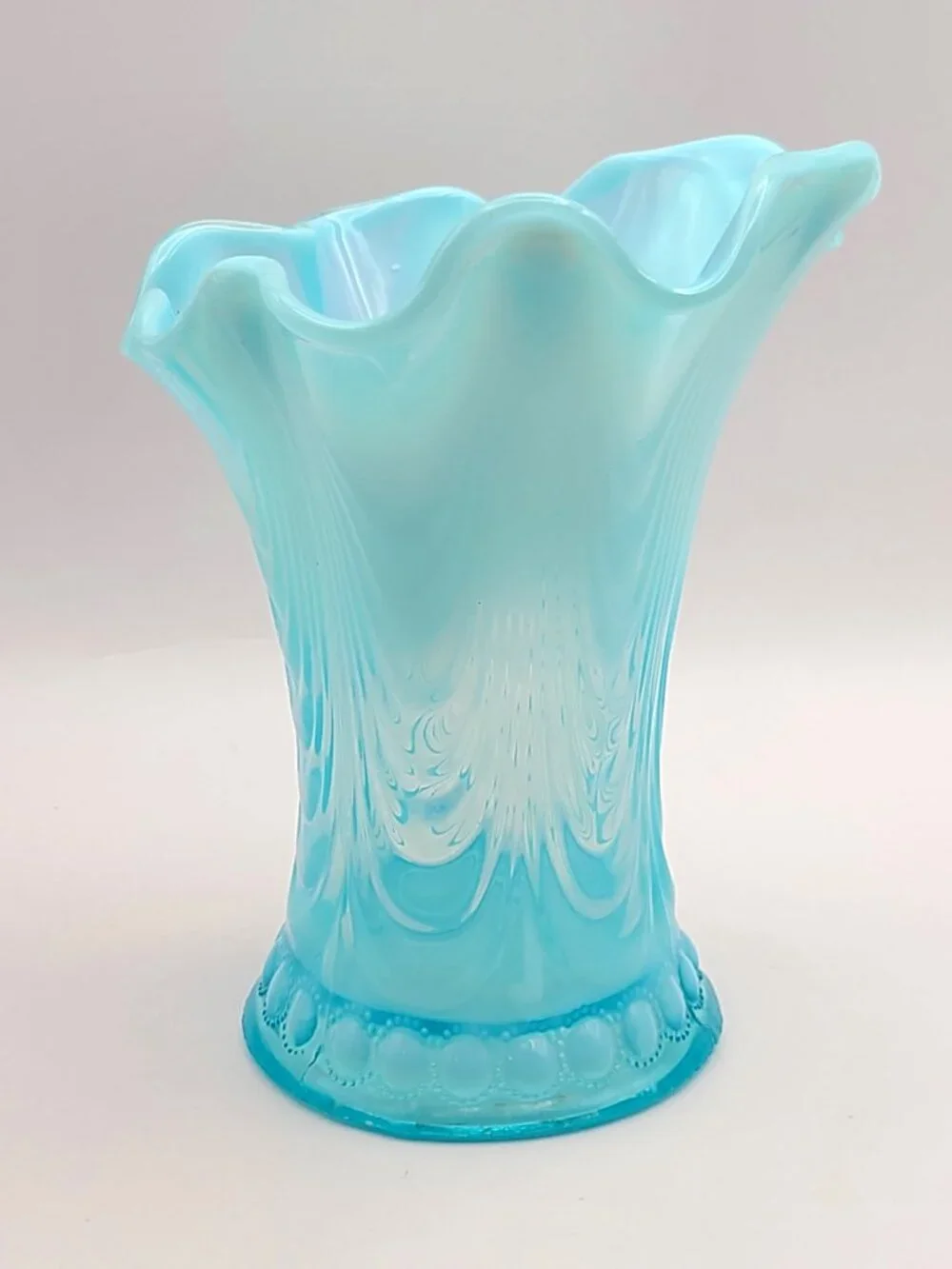 Antique Northwood Jewel & Drapery Swung Vase Blue Opalescent Glass 7
